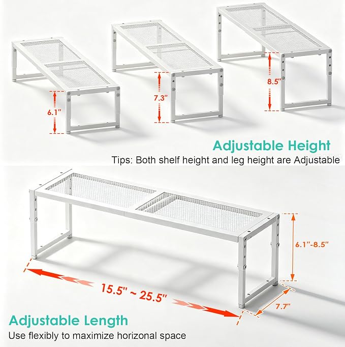 2 Pack Expandable Cabinet Shelf Organizer, Adjustable Kitchen Countertop Metal Storage Shelves Organizers, Stackable Kitchen Counter Pantry Cupboard Storage Rack, 30LBS Load Capacity,15.5"-25.5" Long - Image 2