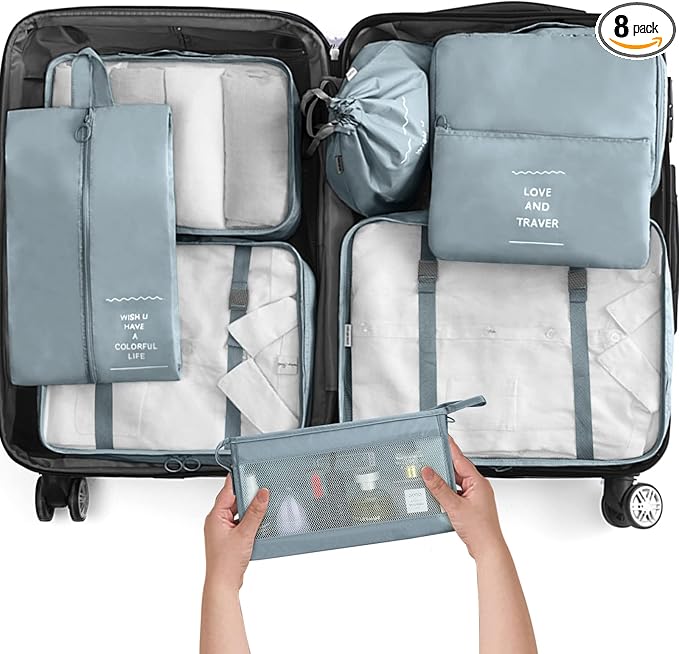 KPX 8 Set Packing Cubes for Travel, Luggage Packing Organizers Accessories Large Toiletries Bag for Clothes Shoes Cosmetics (Grey) by KPX