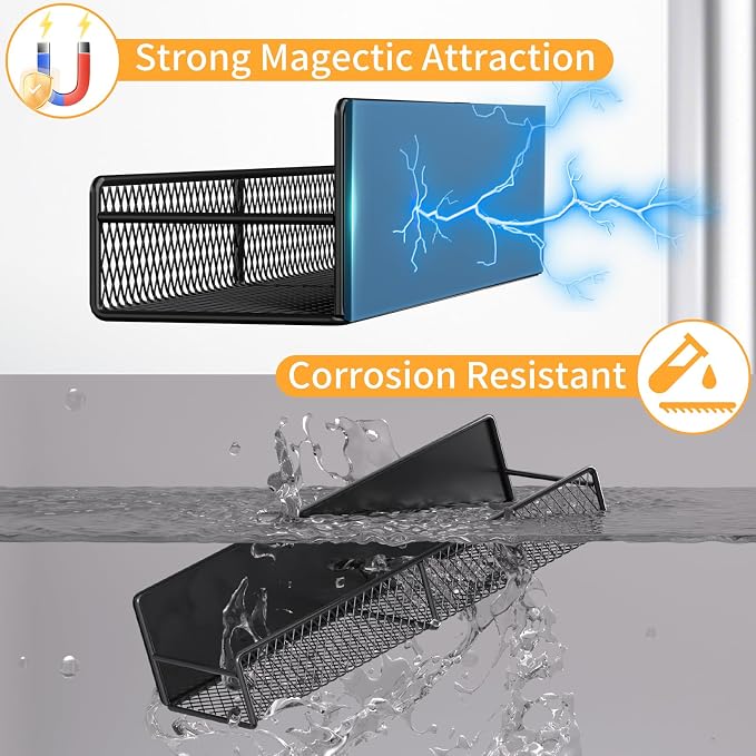 Magnetic Spice Rack for Refrigerator, 2 Pack Metal Magnetic Shelf Black, Moveable Spice Organizer with Hooks, Super Magnetic Fridge Shelf for Kitchen Organization and Storage - Image 3