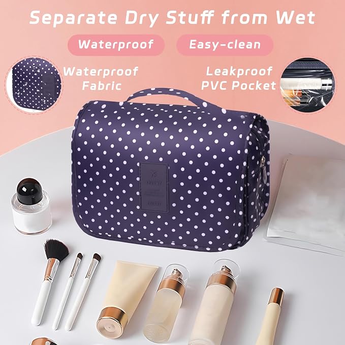 Toiletry Bag Travel Bag with Hanging Hook for Women and Men,Navy Dot | Waterproof Small Capacity Hanging Multifunctional Makeup Bag for Toiletries, Portable Cosmetic Bag Travel Organizer - Image 5