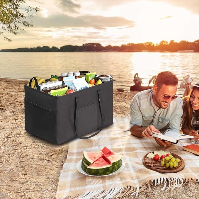 LHZK Standing Utility Tote Bag with Metal Wire Frame and the Sides Rinforced, Large Tote Bag with Handle, Reusable Grocery Bags Foldable, Beach Bag, Car Tote (Black, 18.5''x11.8''x11.5'') - Image 6