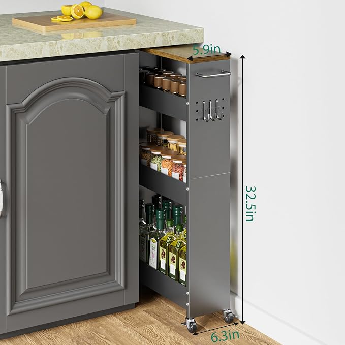 XYZLVSI Slim Storage Cart, Narrow Kitchen Rolling Cart for Small Spaces | 5.9" W skinny storage cart, 12.4" bottom metal utility cart with 360° swivel wheels for bathroom/laundry, slim shelf, Gray - Image 4