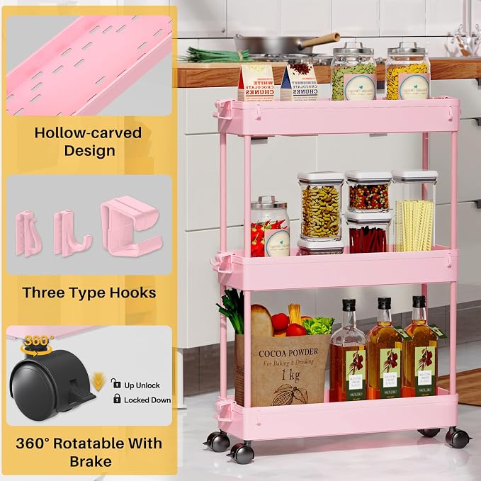 SPACEKEEPER Slim Rolling Storage Cart, 3 Tier Bathroom Cart Organizer, Pink | Narrow Rolling Cart with Wheels for Kitchen Office Bathroom Laundry Room,Mobile Utility Cart for Craft Art Makeup Nail Polish - Image 2
