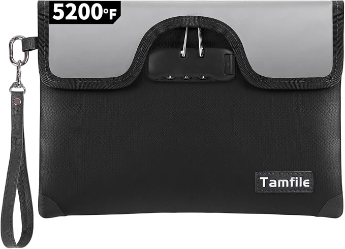 5200°F Fireproof Money Bag with Lock, Water Fireproof Document Bag with Zipper, 8 Layers Fire Insulation, Small Fireproof Safe Storage Pouch with Lock for Cash, Passport, (8.3" x 11", Black) by Tamfile