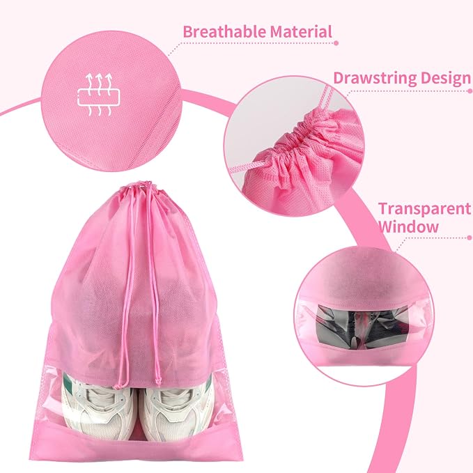 Pink Travel Shoe Bags - 5 Pcs Non-Woven Packing Bags with Clear Window | 15.7" x 11.8" Waterproof Dustproof Portable Travel Shoe Storage Bag for Men and Women - Image 3