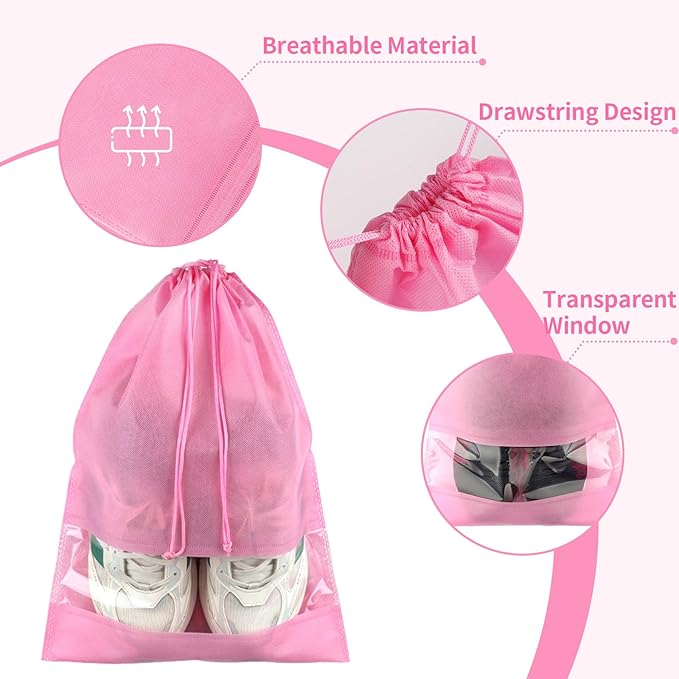 12 Pack Shoe Bags for Travel, Large Travel Shoe Bag for Packing with Window | Dustproof Drawstring Travel Shoe Storage Bags Travel Essentials for Men & Women, Pink - Image 3