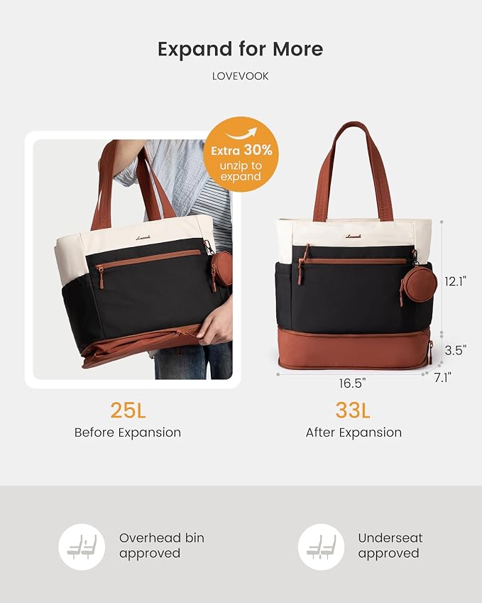 LOVEVOOK Tote Bag for Women, Expandable Laptop Work Bag 15.6 Inch, 33L Large Travel Handbag with 40oz Tumbler Holder, TSA - Image 4