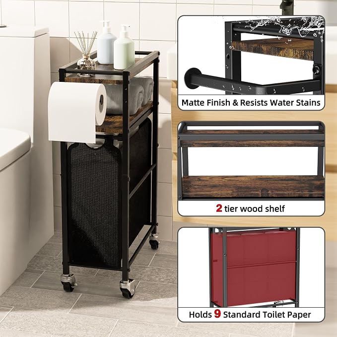Toilet Paper Holder with Storage Bag & Wheels - Freestanding Bathroom Organizer Holds 9 Rolls for Small Spaces, Essentials Storage Beside Toilet-Brown - Image 3