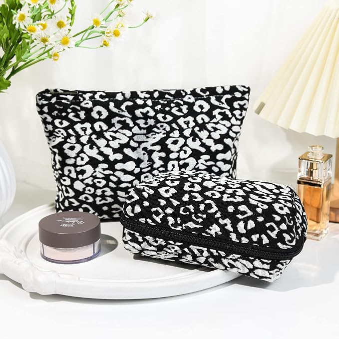 SOIDRAM 2 Pieces Leopard Print Makeup Bag Large Cosmetic Bag Capacity Canvas Mix Travel Toiletry Bag Organizer Cute Makeup Brushes Aesthetic Accessories Storage Bag for Women, Leopard Print Mix Black - Image 2
