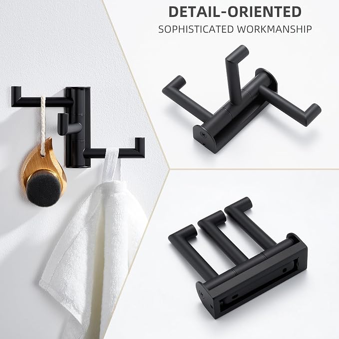 Angle Simple Swivel Towel Hook 3 Arms, Robe Coat Wall Hook, Matte Black | SUS304 Stainless Steel, Foldable Hand Bath Towel Holder for Bathroom Kitchen Closet, Sturdy Space Saver, Screws Mounted - Image 9