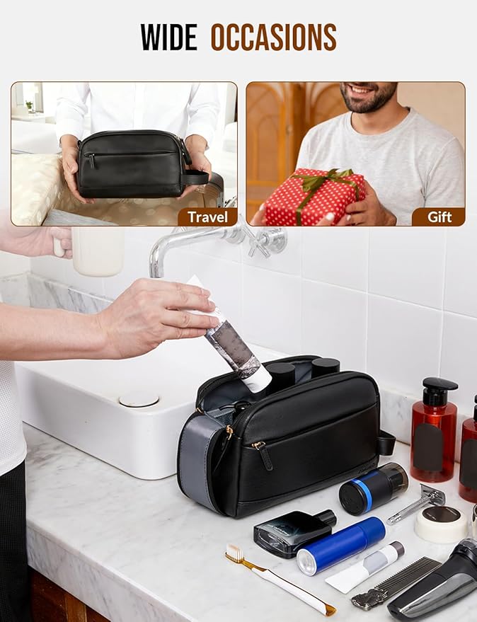 PU Leather Toiletry Bag for Men - Water Resistant Travel Bag for Toiletries, Bathroom Essentials, Accessories - Black - Image 6