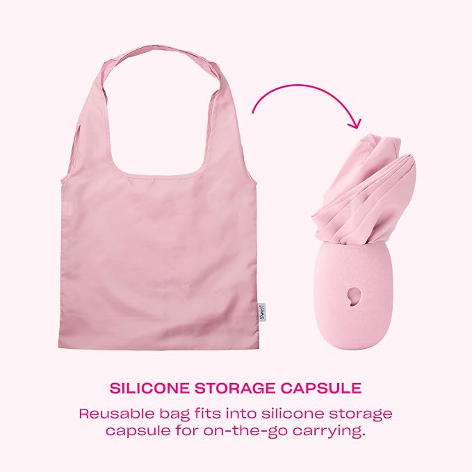 S'well Droplet Tote, Pink Topaz Glitter, Reusable And Packable Tote Bag, Lightweight And Packs Into Silicone Capsule For Storage, Ideal For Grocery Store, Travel, Shopping, And More, One Size - Image 3