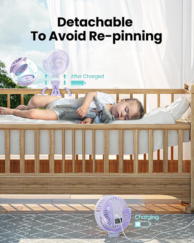 Gaiatop Mini Electric Fan with 360 Rotation, 5.5mm Gaps, Rechargeable Battery, 3 Speeds, Purple | 360° Rotate Flexible Tripod, Battery Operated Detachable, Cooling for Car Seat Crib Treadmill Travel Purple - Image 4