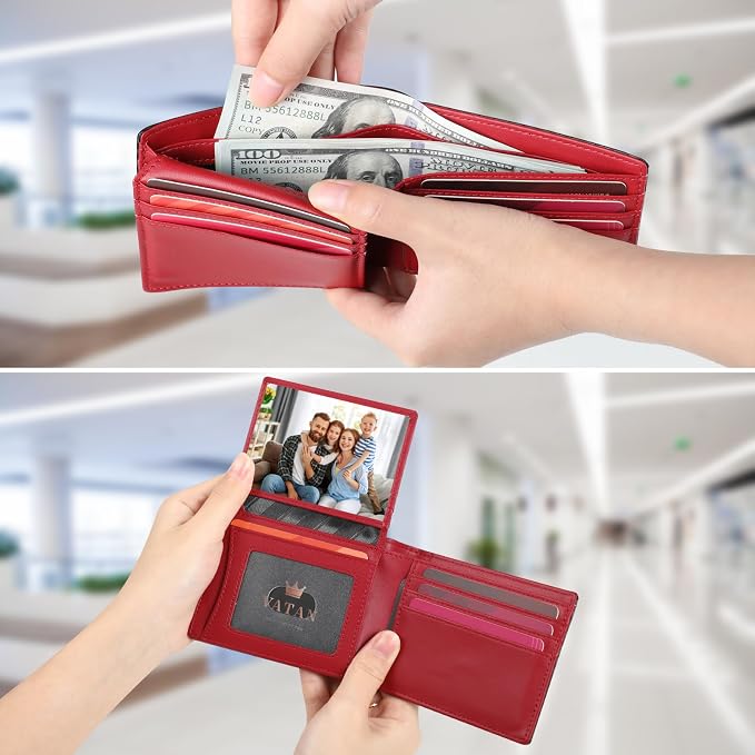 VATAN Wallet for Men Slim RFID Blocking Leather Credit Card Holder Wallet for 15 Cards, Bifold Minimalist Thin Wallet with 2 ID Windows & Cash Slot, With Gift Box(Carbon black and Red) - Image 3