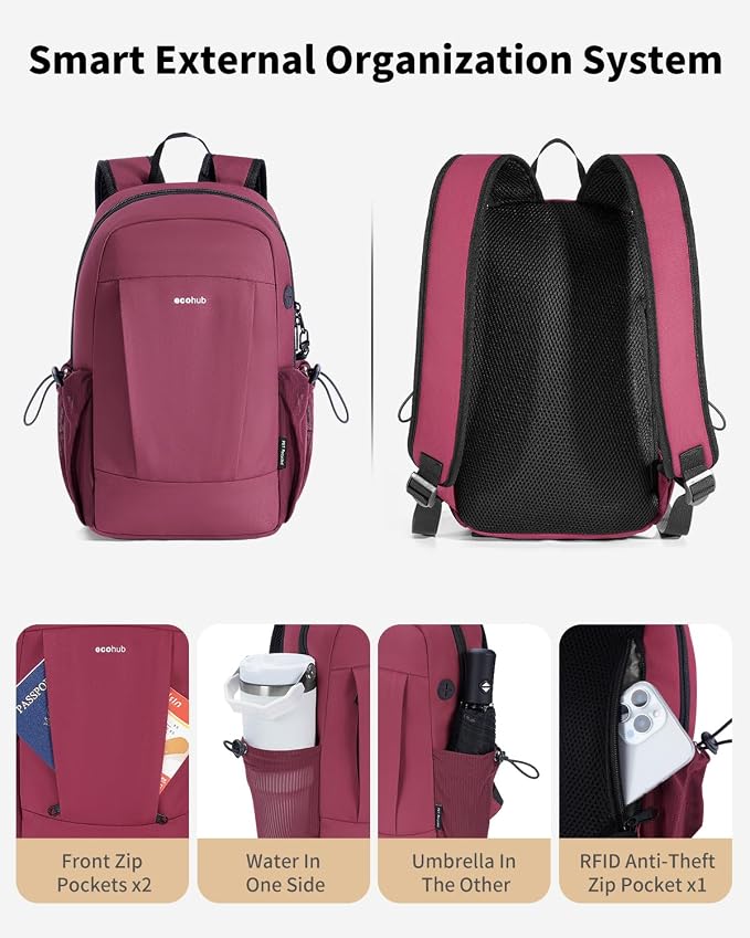 ECOHUB Mini Anti-Theft RFID Backpack for Women and Men, Water-Resistant, Lightweight Travel Daypack with iPad Sleeve, Key Holder, 9 Pockets, Gifting, Red | 10L RFID Blocking Backpack for Men Lightweight&Small Daypack with 9 Pockets,Water Resistant - Image 2