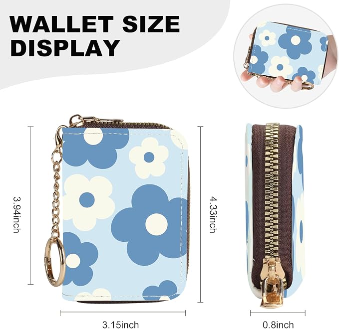 Credit Card Holder for Women,Small Rfid Wallet with Keychain Zipper,Cute PU Leather Card Case Wallet，Accordion Credit Card Wallets Gift,Blue and White Flowers - Image 3