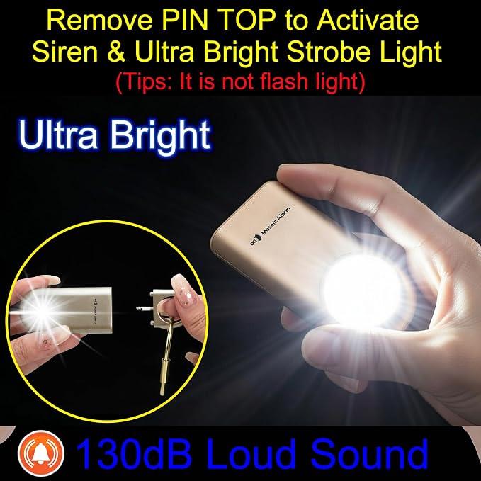 130dB Personal Safety Alarm Ultra Bright Strobe Light. Loud Sound Keychain Siren for Women, School Children, Night Runners, Hiking. Bear Alarm Deterrent. SOS Emergency Self Defense Alerts. Gold - Image 7