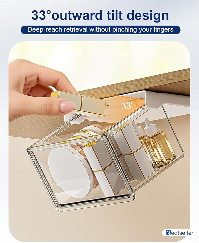Hanging Cabinet Organizer – 33° Tilted Under Desk Drawer & Bathroom Storage – Self-Adhesive Clear Pull-Out Bins for Kitchen, Office & Vanity (Medium) - Image 2