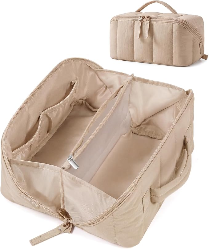 BAGSMART Travel Makeup Bag for Women, Portable Water-resistant Cosmetic Case, Puffy Padded Make Up Organizer Pouch, Open Flat Toiletry Bag for Toiletries, Brushes, Khaki by BAGSMART