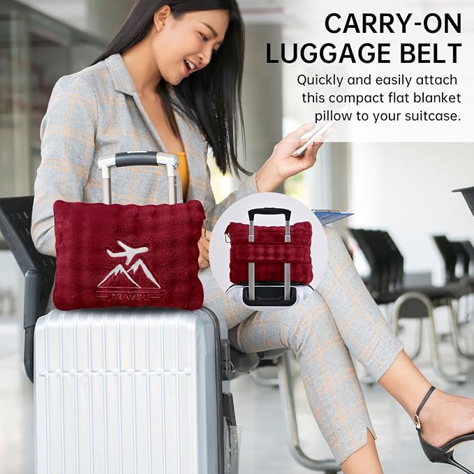 Travel Blanket and Pillow-2-in-1, Ultra-Soft&Compact, One-Piece Airplane Blanket with Hand Luggage Belt and Backpack Clip,Travelers Accessories Gifts, 61x43 Inches（Burgundy） - Image 4