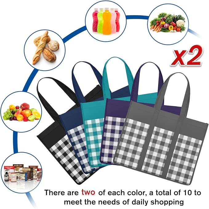 Reusable Grocery Shopping Bags 10 Pack Large Foldable Tote Bags Bulk | Eco Produce Bags with Long Handle for Shopping Groceries Clothes (Plaid A) - Image 5