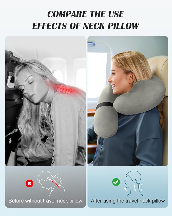 Patented Design Inflatable Travel Neck Pillow – Airplane Neck Pillow with 360° Head & Neck Support, Soft Washable Velvet Cover, Compact Neck Support Pillow for Airplane,Train,Car,Office & Home (Grey) - Image 4