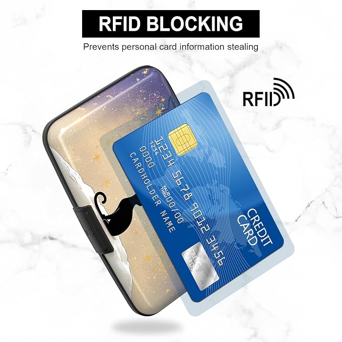 Credit Card Holder, Mini Aluminum Card Wallet RFID Blocking Slim Metal Hard Card Case for Women Men, Moonlight Cat - Image 3