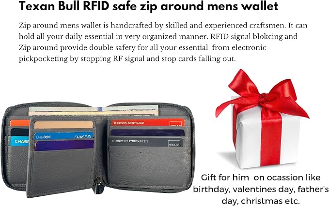RFID Blocking Bifold Cowhide Leather Wallets For Men With Zipper Security | Safe Metal Zip Chain 9 Card-ID Slim Minimalist Mens Wallet (Gray) - Image 5