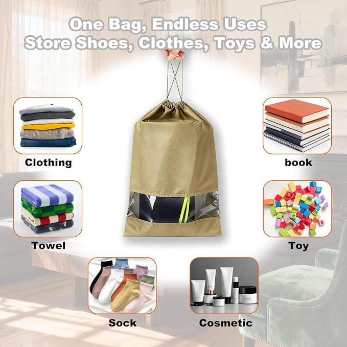 20 Pack Shoe Bags for Travel, 17" x 12.6" Drawstring Shoe Organizers with Clear Window, Breathable Non-Woven Dustproof Pouches for Luggage & Closet (khaki) - Image 6