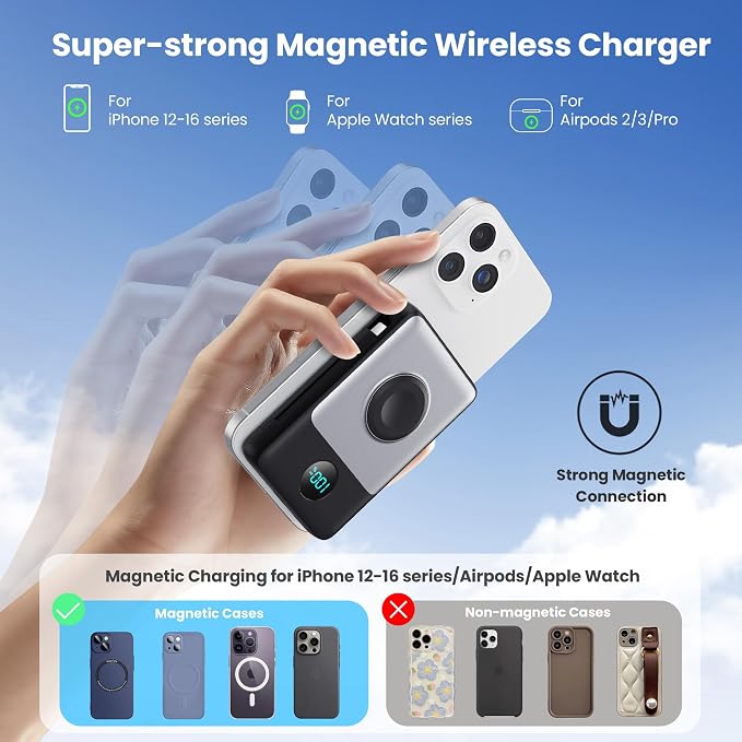 Magnetic Portable Charger 10800mAh with Built-in Cables,Wireless Power Bank for Magsafe,25W PD Fast Charging USB-C Travel Essentials Battery Pack for iPhone 17/16/15/14/13/12 Series,Apple Watch-Black - Image 5