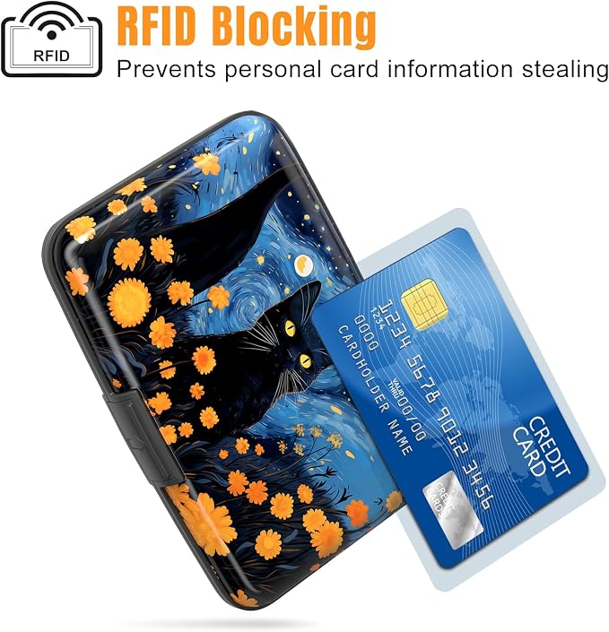 Rimilak Aluminuml Credit Card Holder,Starry Sky Cat | Mini Credit Card Wallet RFID Blocking Slim Metal Hard Case for Women Men - Image 2