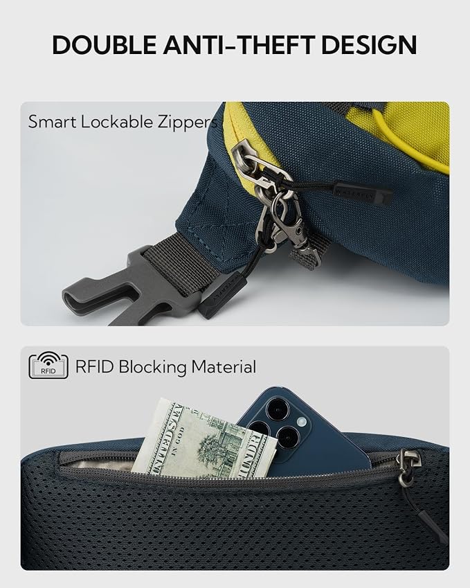 WATERFLY Small Fanny Pack RFID Blocking Travel Hiking Crossbody Waist Bag | Anti-theft design, Water resistant, Lockable zipper, Hidden rear pocket, Lightweight hip belt bag, EDC Running, Cycling, Gym - Image 5