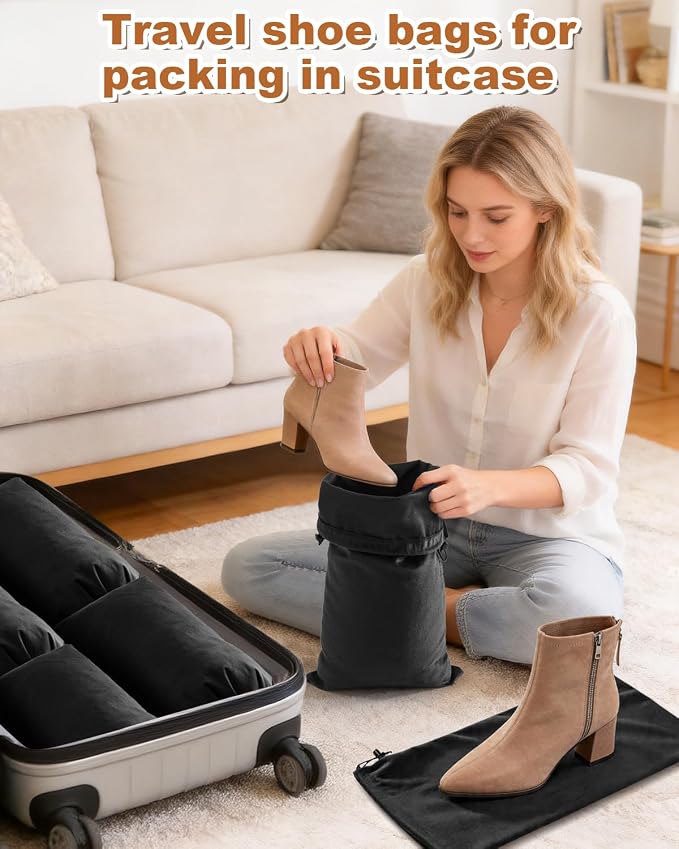 6 Pcs Single Shoe Bags for Travel, Velvet Bag, Black Beauty, 17.3x8.6 Inch | Washable & Reusable Travel Shoe Bags, Dustproof Shoe Bags with Drawstring Closure, Suitable for Travel, Home Storage - Image 5