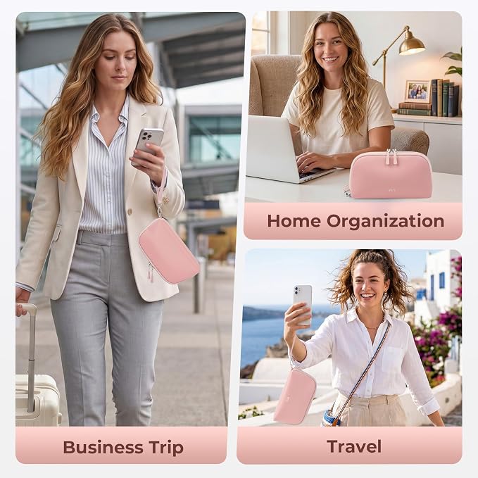 FYY Travel Cable Organizer - 8 Compartments, Lightweight, Water Repellent | With Wrist Strap, Portable Tech Pouch for Cord Charger, Travel and Business Trips Use, Soft Shell Nylon, Pink (Large) - Image 7