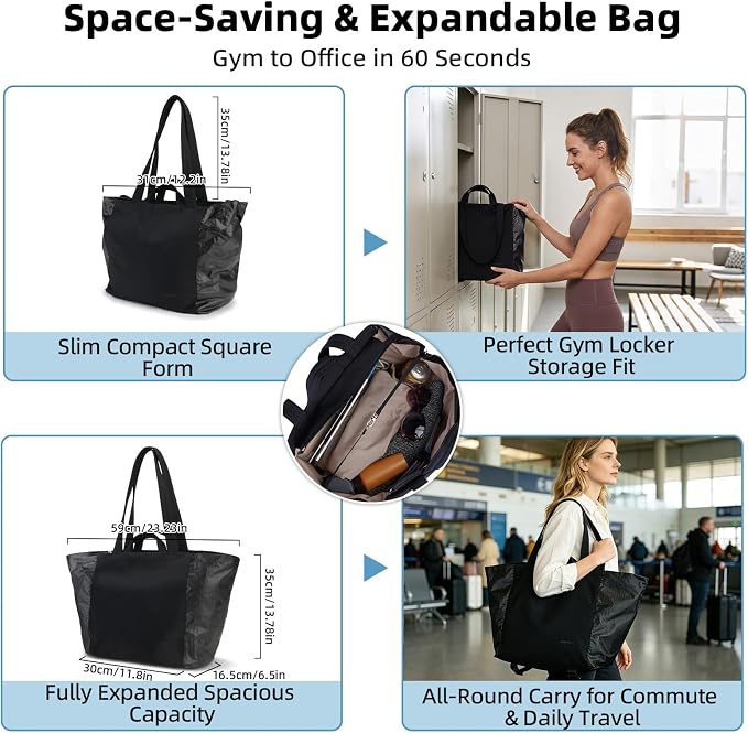 Lightweight Carryall Tote Bag for Women, 25L Expandable Travel Work Bag with Tablet Sleeve, Gym Tote with Yoga Mat Holder & Wet Dry Pocket, 3-Piece Set with Shoe Bag & Cosmetic Pouch (Black) - Image 3