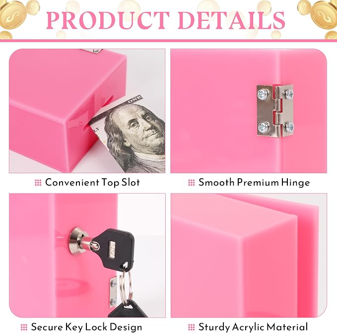 Extra Large Pink Acrylic Box Winners Bank with 2 Keys, Slot, Storage Waist Bag, Portable Casino Cash Money Lock Box Safe for Gamblers, 1Pack - Image 3
