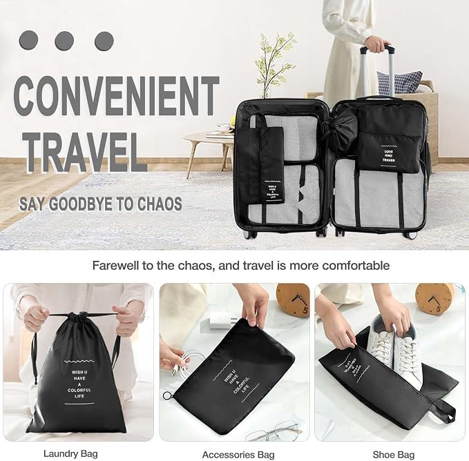 8 Pcs Bag Organizer Set – 8 Pcs Packing Cubes, Travel Cubes, Shoe Bag, Toiletry Pouches, Clothes Organizers, Waterproof Luggage & Travel Bags – Suitcase Organizer & Organizers for Travel Essentials - Image 4