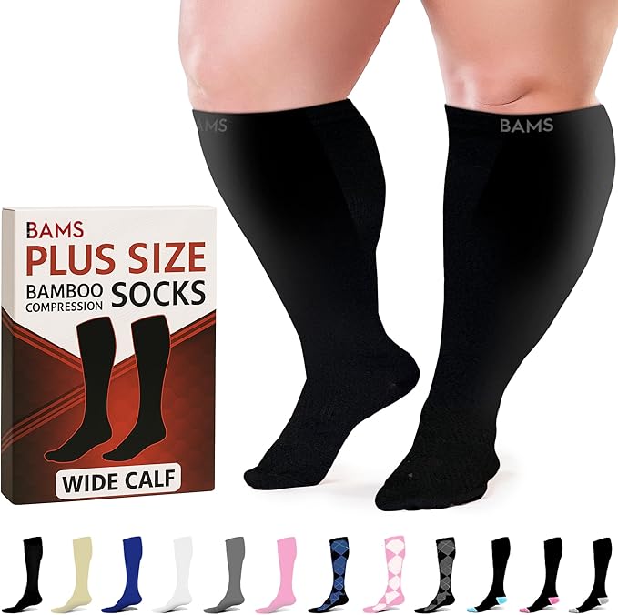 BAMS Plus Size Compression Socks Wide Calf XL XXL XXXL – Graduated Knee-High Support, Viscose from Bamboo Easy-On/Easy-Off by BAMS