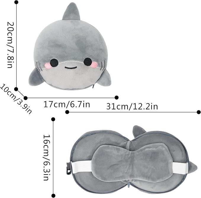 U Scinan Cute Animal 2-in-1 Travel Pillow and Eye Mask – Portable Neck Pillow with Adjustable Strap, Soft Plush Support for Airplane, Car, Train(Shark) - Image 4