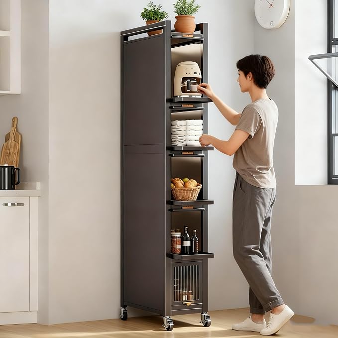 6-Tier Tall Narrow Mobile Shelf Organizer, Slim Storage Cart on Wheels | Pull Out Cabinet Organizer for Small Space Kitchen Space Saving, with Transparent Flap Door Design, Grey - Image 6