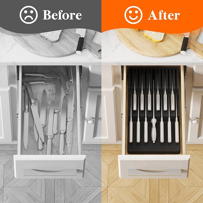 Lifewit Magnetic Drawer Knife Organizers Insert Pastic for 12 Knives, Black | Kitchen Plastic In Drawer Knife Block Slots, Steak Chefs Knives Holder Storage for 12 Knives and 1 Sharpening Steel 16.5" - Image 9