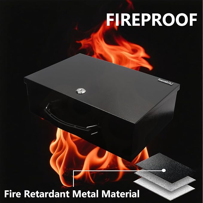 Yuanshikj Fireproof Key Lock Steel Security Safe Box, 0.38 Cu Ft, Black | Portable,Fire Resistance,13.2" W x 11" D x 4.5" H,With Carrying Handle, for Personal Items, Documents,Cash,Jewelry, Money - Image 3