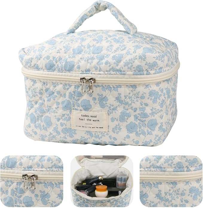 Fcteap Makeup Bag Travel Essentials Quilted Cosmetic Toiletry Pouch Organizer Insert for Women Dorm Room Essential Gift Large Capacity Opening Lightweight Cute Aesthetic Portable 2PCS (Floral) - Image 2