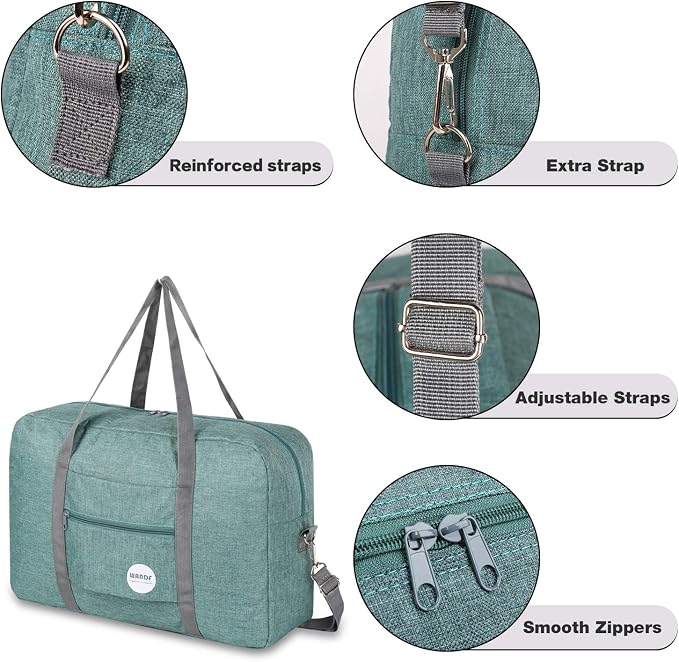 WANDF Foldable Travel Duffel Bag Luggage Sports Gym Water Resistant Nylon (E-Denim Green with Strap) | 18x14x8 inches, Airline Underseat Aprroved, Weekend Overnight Trips, Lightweight Packable - Image 6