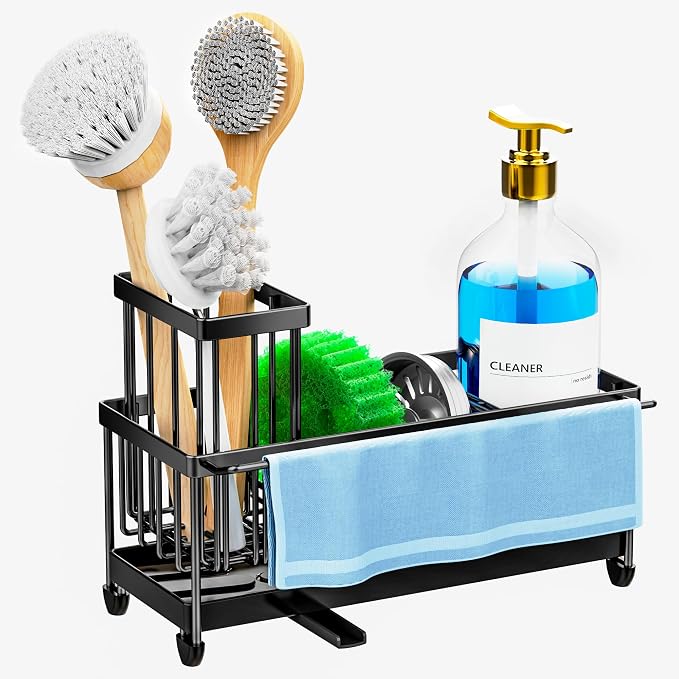 Cisily Sponge Holder for Kitchen Sink, Sink Caddy Organizer with High Brush Holder, Kitchen Countertop Organizers and Storage Essentials, Rustproof 304 Stainless Steel (Black with Towel Rack, 9.25″) - Image 8