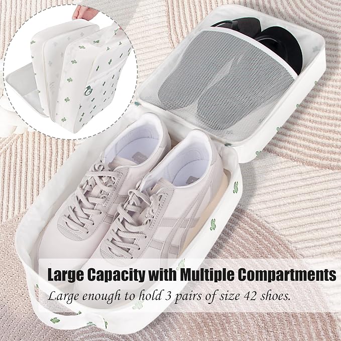 Travel Shoe Bag Waterproof Shoe Organizer Bag Holds 3 Pair of Shoes Shoe Packing Cube for Suitcase Travel and Daily Use Storage Pouch with Handle (Cactus) - Image 3