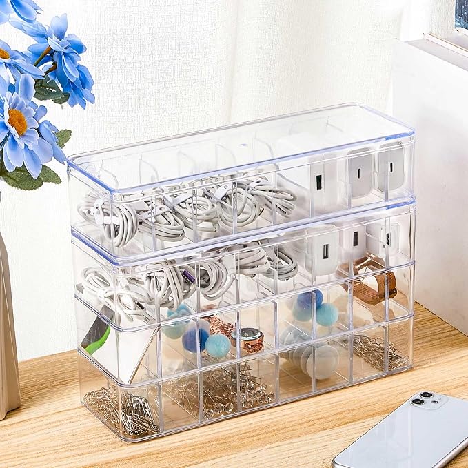 Tatuo 12 Pcs Cord Organizer for Drawer Desktop, Cable Organizer Box with 8 Compartments and Wire Ties, Plastic Charger Storage with Lid, Electronics Case for Home Office Accessories (Small,Clear) - Image 4