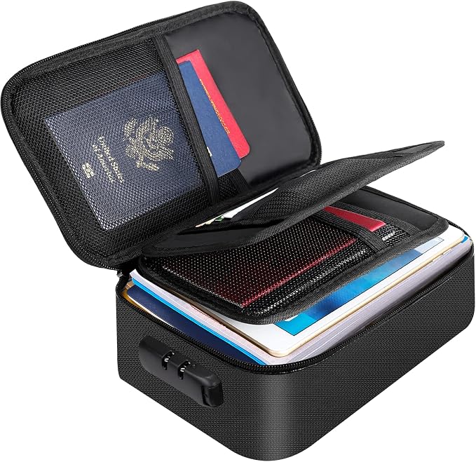 ENGPOW Small Fireproof Storage Organizer Case with Lock, 9”x 5.3”x 3.7” | Money Safe Wallet Carrying Bag with Multi-Pocket, Portable Home Travel for Cash,Card,Passport,Coin,Check,Bill,Soft Box,Black by ENGPOW
