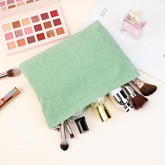 SOIDRAM 2 Pcs Corduroy Makeup Bag Large Cosmetic Bag Toiletry Bag Makeup Pouch Travel Bag Organizer Cute Makeup Brushes Aesthetic Accessories Storage Bag for Women Green - Image 5