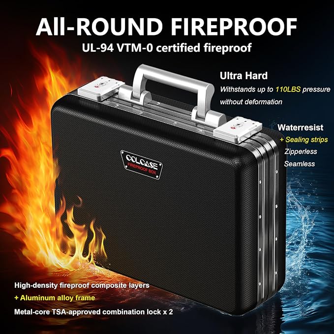 Fireproof Document Box, Ultra Hard Metal Frame Fireproof Safe Box | Aluminum Alloy Frame Zipperless All-Around Fireproof Document Organizer with TSA Lock Black - Image 2